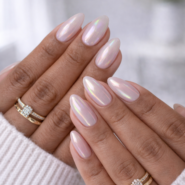 press-on nails Aurora Pearl iridescent pink almond on model hands