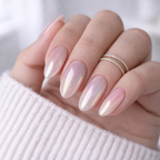 press-on nails Aurora Pearl iridescent pink almond on model hands