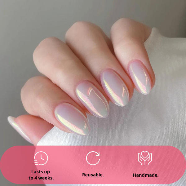 press-on nails Aurora Pearl iridescent pink almond on model hands