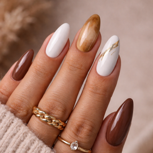 Caramel Marble brown white almond press on nails with marble design and gold accents on model hands