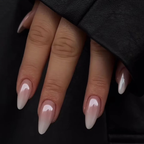 Ivory Blush pink to white ombre almond press on nails on model hands