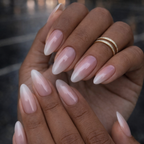 Ivory Blush pink to white ombre almond press on nails on model hands