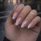 Ivory Blush pink to white ombre almond press on nails on model hands