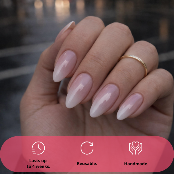 Ivory Blush pink to white ombre almond press on nails on model hands