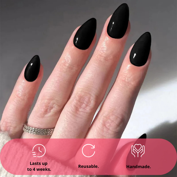 Midnight Luxe glossy black almond press on nails on model hands