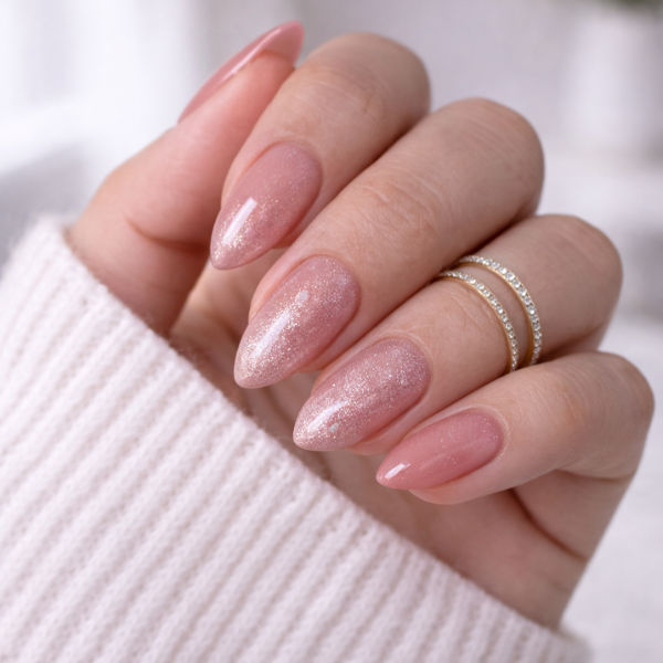 press-on nails Rosé Sparkle nude pink glitter almond on model hands