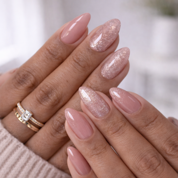 press-on nails Rosé Sparkle nude pink glitter almond on model hands