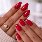 press-on nails Scarlet Elegance glossy red almond on model hands