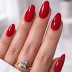 press-on nails Scarlet Elegance glossy red almond on model hands