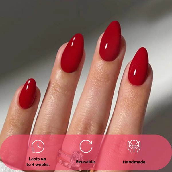 press-on nails Scarlet Elegance glossy red almond on model hands