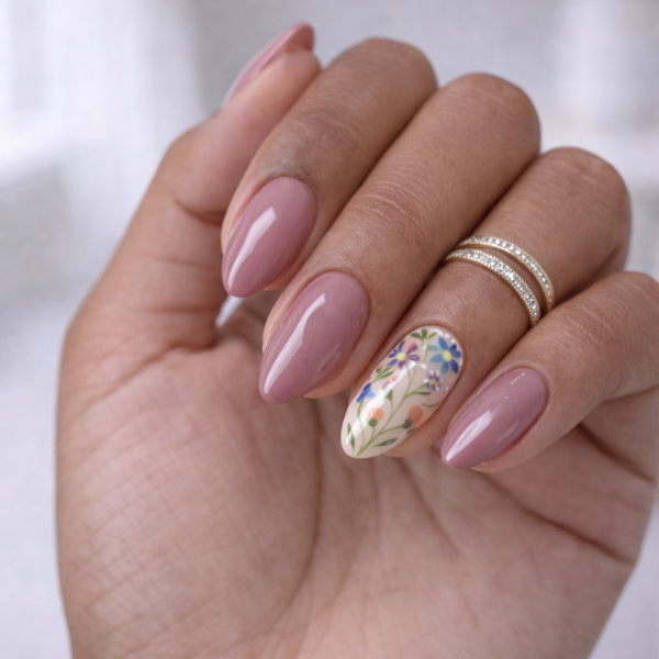Secret Garden floral almond press on nails with mauve polish and delicate flower design