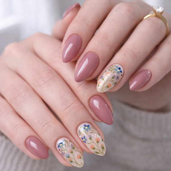 Secret Garden floral almond press on nails with mauve polish and delicate flower design