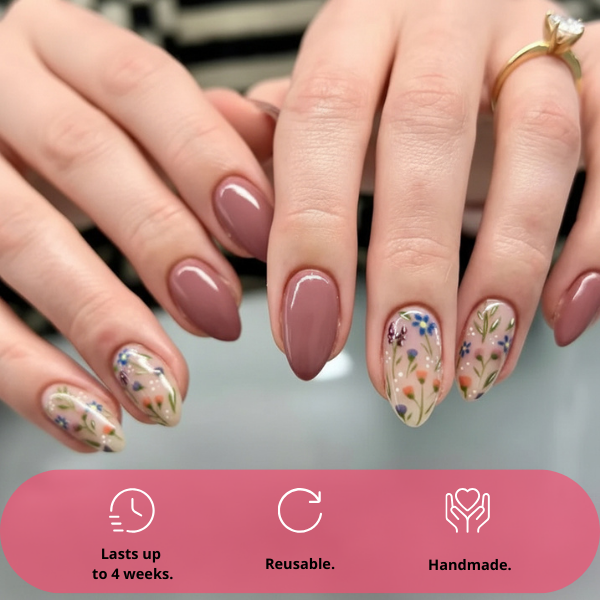 Secret Garden floral almond press on nails with mauve polish and delicate flower design