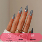 Press-on nails Silver Stardust glitter grey almond on model hands