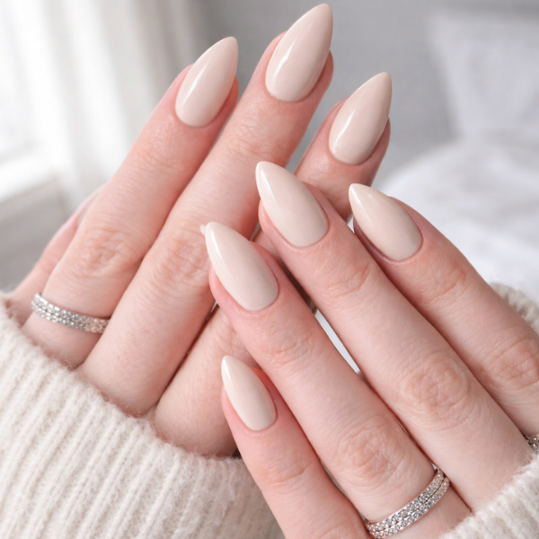 Vanilla Silk Almond press-on nails with glossy finish