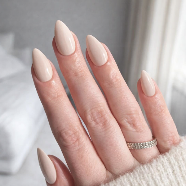 Vanilla Silk Almond press-on nails with glossy finish