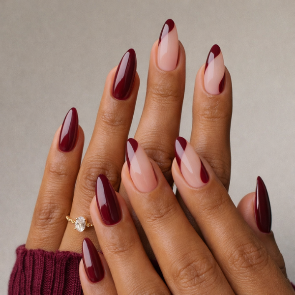 press-on nails Velvet Merlot burgundy french almond on model hands