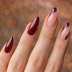 press-on nails Velvet Merlot burgundy french almond on model hands