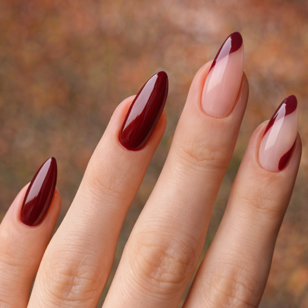 press-on nails Velvet Merlot burgundy french almond on model hands