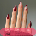press-on nails Velvet Merlot burgundy french almond on model hands