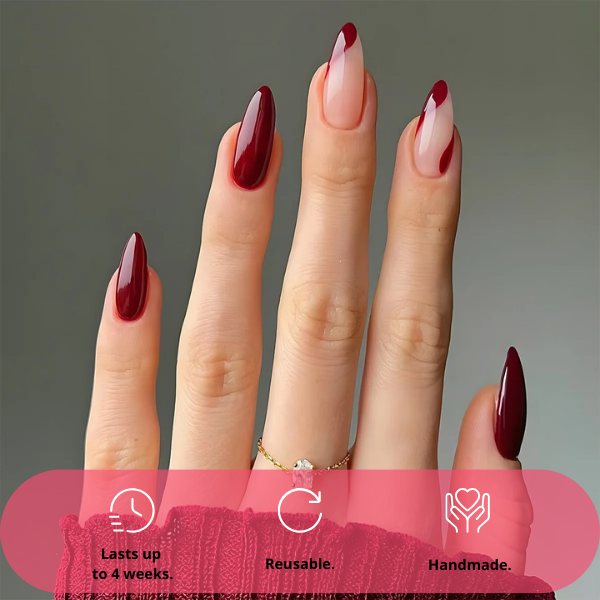 press-on nails Velvet Merlot burgundy french almond on model hands