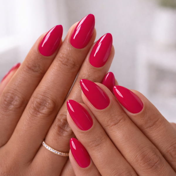 Press-on Nails Glossy Hot Pink Almondon Model Hands