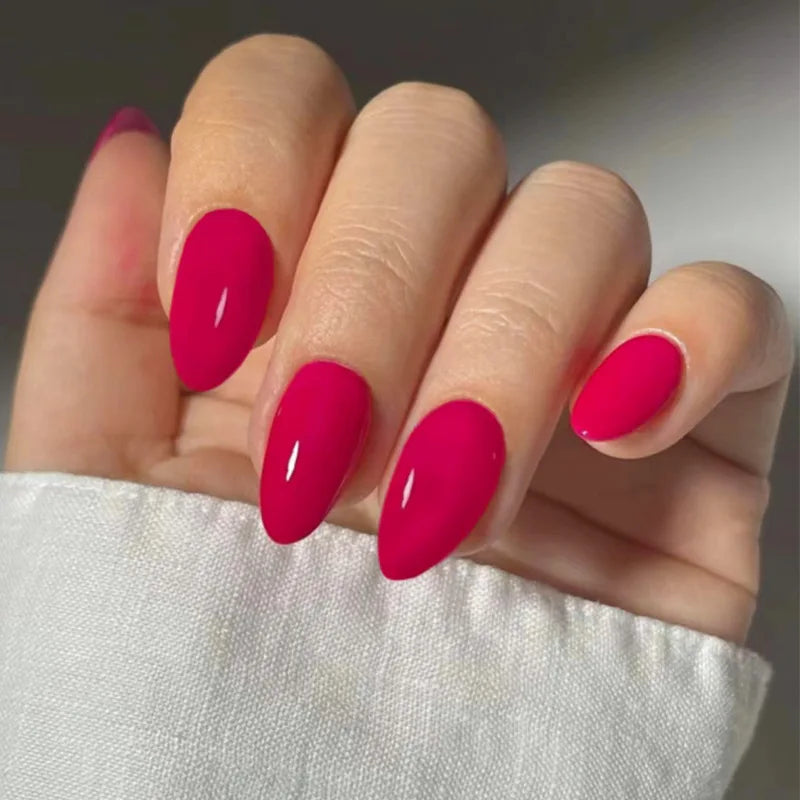 Press-on Nails Glossy Hot Pink Almondon Model Hands
