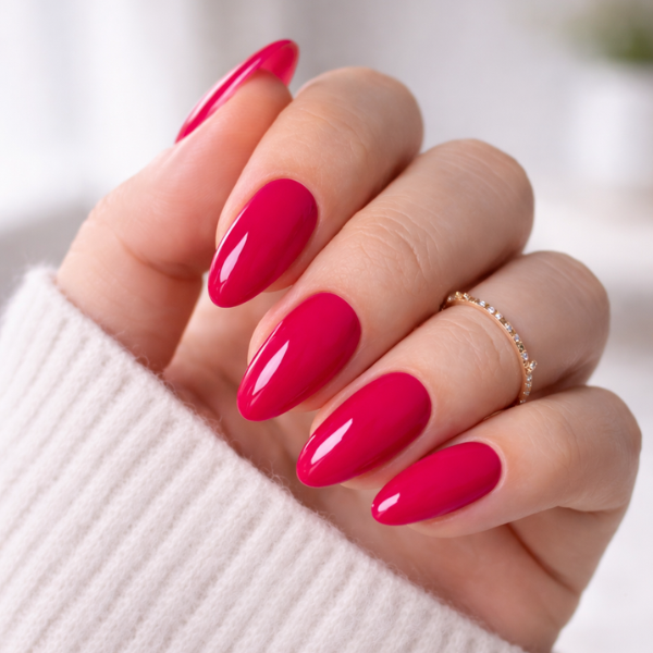 Press-on Nails Glossy Hot Pink Almondon Model Hands